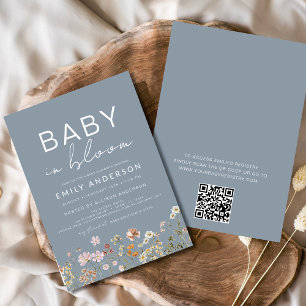 Dusty Blue QR Code Wildflower Baby in Bloom Shower Invitation