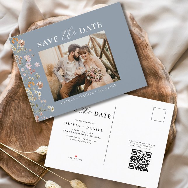 Dusty Blue QR Code Wildflower Floral Wedding Announcement Postcard (Creator Uploaded)