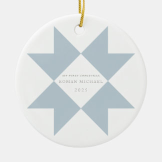 Dusty Blue Quilt Star My First Christmas Ceramic Tree Decoration