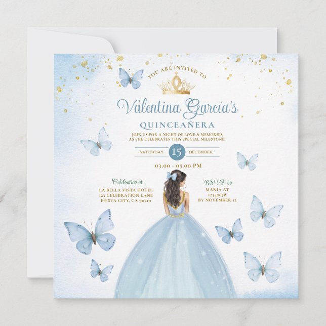 Dusty Blue Quinceañera 15 Anos Butterfly Gold Invitation (Front)