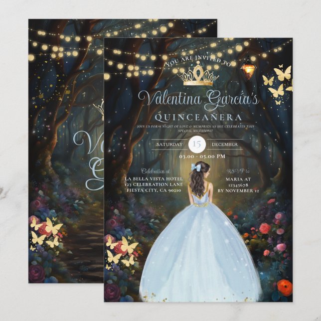 Dusty Blue Quinceañera 15 Anos Fores Flowers Gold  Invitation (Front/Back)