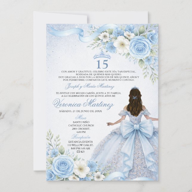 Dusty Blue Quinceañera 15 Anos Mis Quince Crown Invitation (Front)