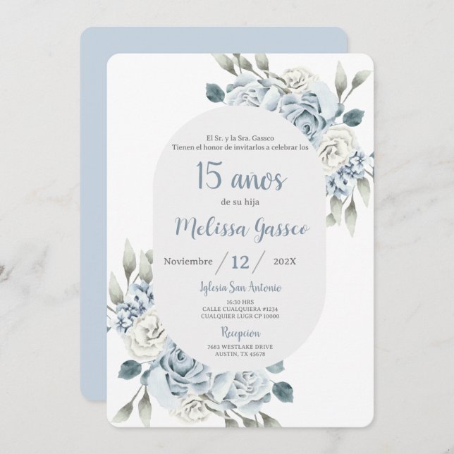 Dusty Blue Quinceañera Invitation (Front/Back)