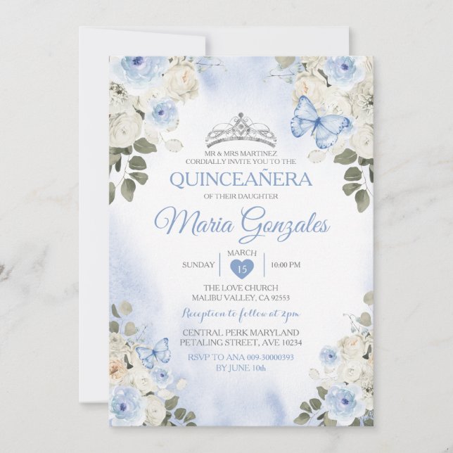 Dusty Blue Quinceañera Silver Crown Butterfly Invitation (Front)