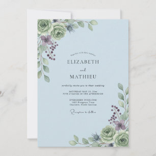 Dusty Blue Ranunculus Eucalyptus Wedding Invitation