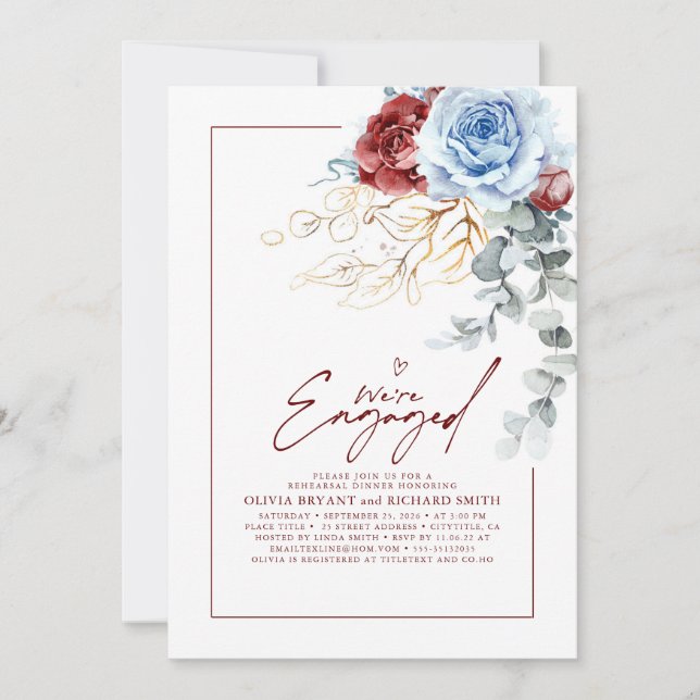 Dusty Blue Red Floral Engagement Party Photo Invitation (Front)