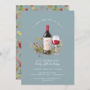 Dusty Blue   Red Wine Any Age Adult Birthday Party Invitation