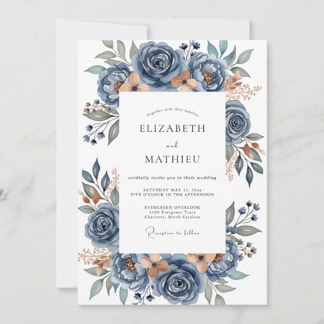 Dusty Blue Refined Floral Wedding Invitation (Front)