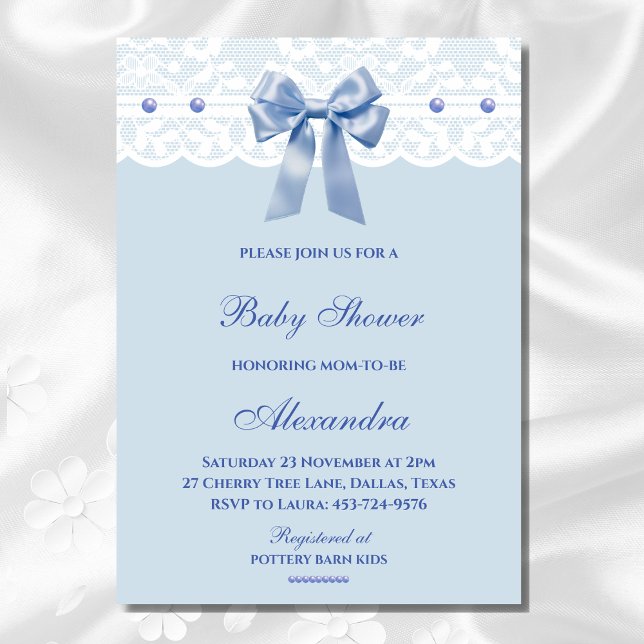 Dusty Blue Regency Bow Pearl Lace Baby Shower Invitation (Creator Uploaded)