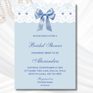Dusty Blue Regency Bow Pearl Lace Bridal Shower Invitation