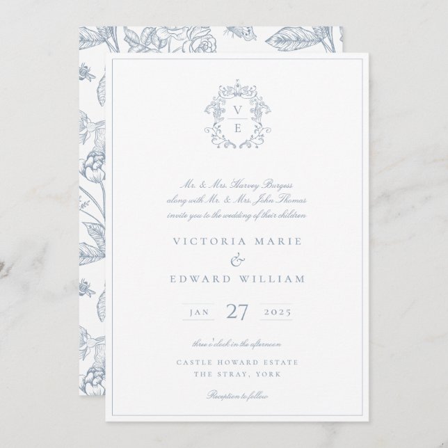 Dusty Blue Regency Crest Monogram Wedding Invitation (Front/Back)