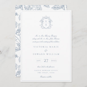 Dusty Blue Regency Crest Monogram Wedding Invitation