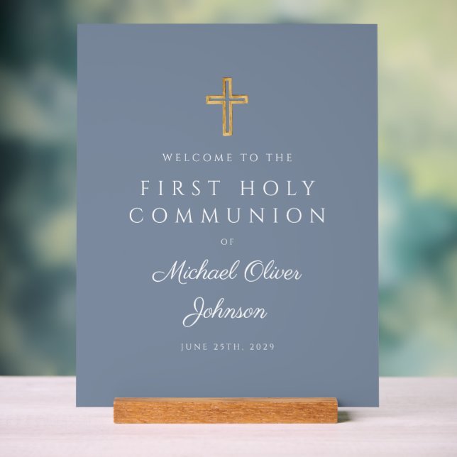 Dusty Blue Religious Boy First Communion Welcome Acrylic Sign (Neutral)