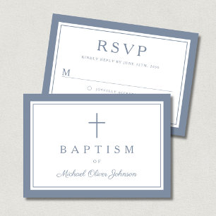 Dusty Blue Religious Cross Boy Baptism  RSVP Card