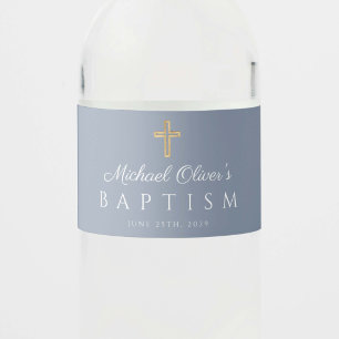 Dusty Blue Religious Cross Boy Baptism Water Bottle Label