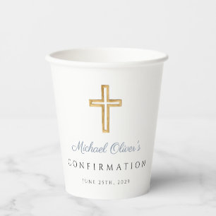 Dusty Blue Religious Cross Boy Confirmation Paper Cups