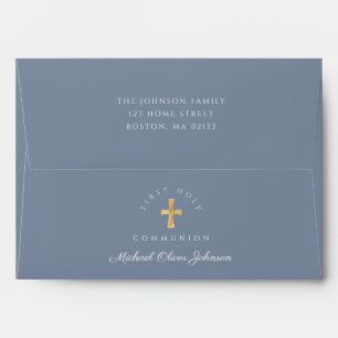 Dusty Blue Religious Cross Boy First Communion Envelope