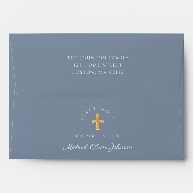 Dusty Blue Religious Cross Boy First Communion Envelope (Back (Top Flap))