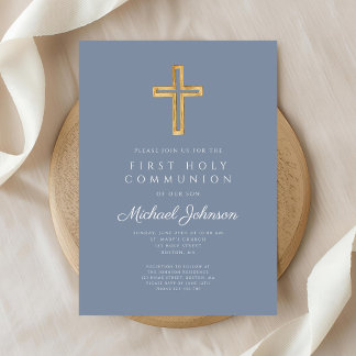 Dusty Blue Religious Cross Boy First Communion Invitation