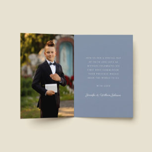 Dusty Blue Religious Cross Boy First Communion Invitation