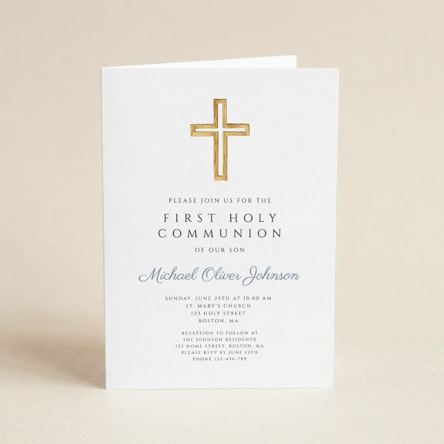Dusty Blue Religious Cross Boy First Communion Invitation (Creator Uploaded)