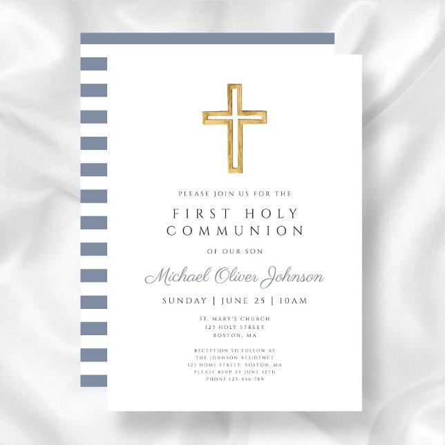 Dusty Blue Religious Cross Boy First Communion Invitation (Dusty Blue Religious Cross Boy First Communion Invitation)