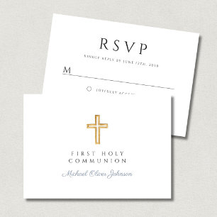 Dusty Blue Religious Cross Boy First Communion  RSVP Card