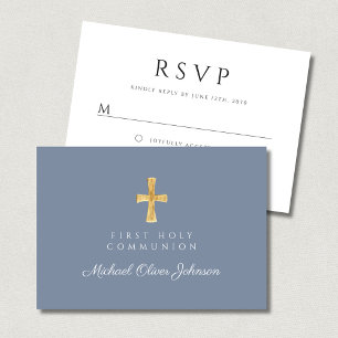 Dusty Blue Religious Cross Boy First Communion RSVP Card