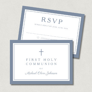 Dusty Blue Religious Cross Boy First Communion  RSVP Card