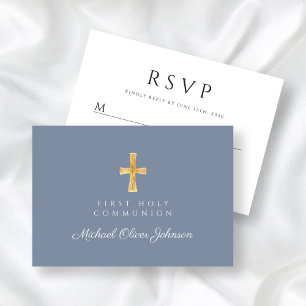 Dusty Blue Religious Cross Boy First Communion RSVP Card