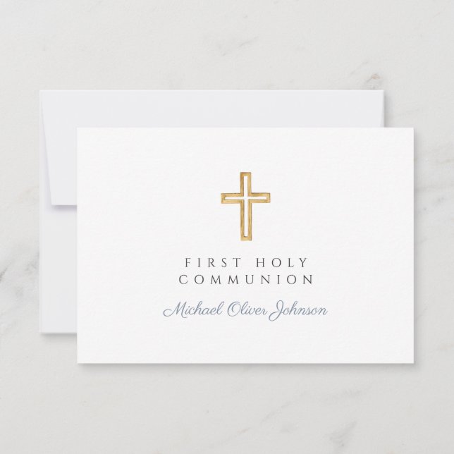 Dusty Blue Religious Cross Boy First Communion  RSVP Card (Back)