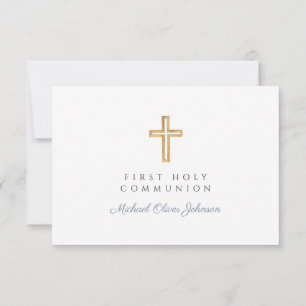 Dusty Blue Religious Cross Boy First Communion  RSVP Card