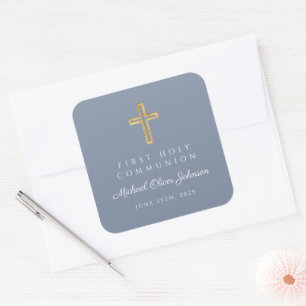 Dusty Blue Religious Cross Boy First Communion Square Sticker