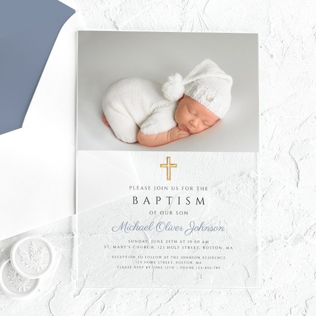 Dusty Blue Religious Cross Boy Photo Baptism Acrylic Invitations (Dusty Blue Religious Cross Boy Photo Baptism Acrylic Invitations)