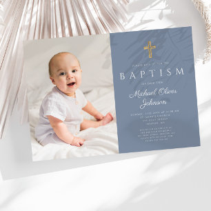 Dusty Blue Religious Cross Boy Photo Baptism Invitation