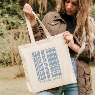 Dusty Blue Retro Boho Personalized Maid Honor Tote Bag