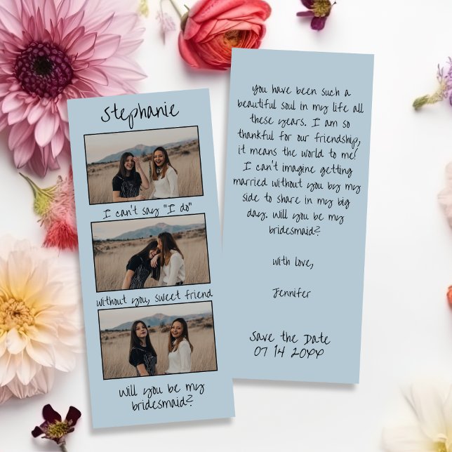 Dusty Blue Retro Photo Strip Bridesmaid Proposal Save The Date (Creator Uploaded)