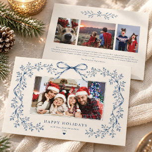Dusty Blue Ribbon Bow Botanical Berry Photo Holiday Card
