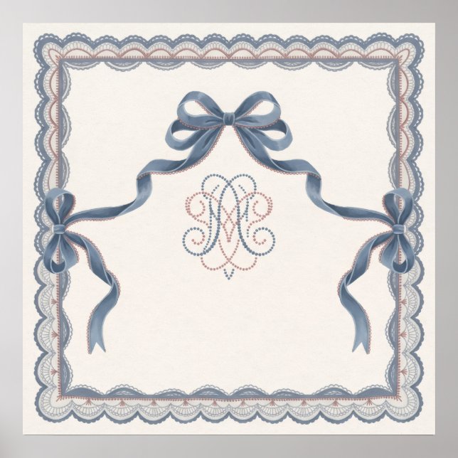 Dusty Blue Ribbon Bow Lace Ornament Poster (Front)