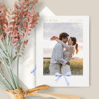 Dusty Blue Ribbon Bow | Off White Save the Date