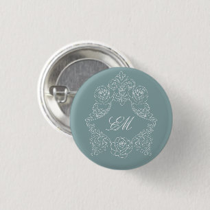 Dusty Blue Rococo Crest Monogram 3 Cm Round Badge