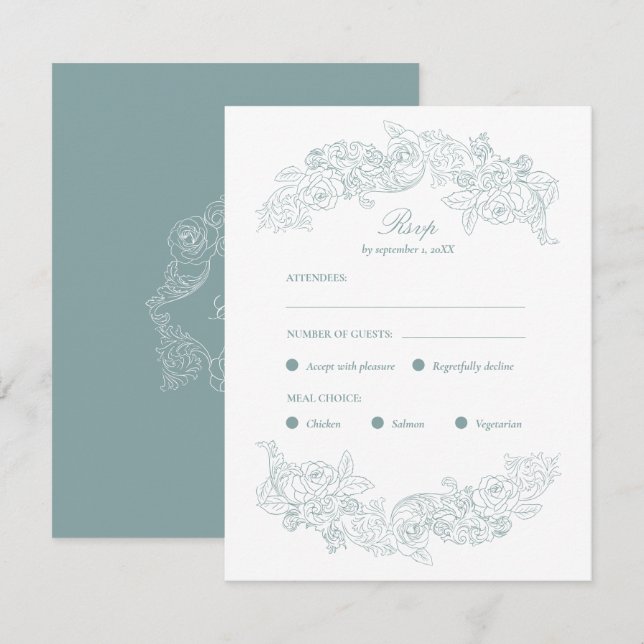 Dusty Blue Rococo Meal Choice RSVP Card (Front/Back)