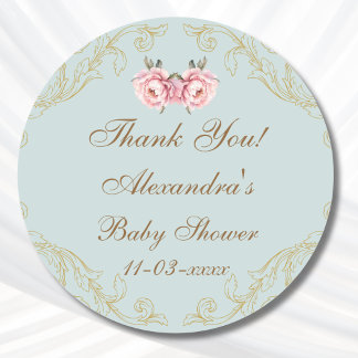 Dusty Blue Rococo Peony Baby Shower Thank You  Classic Round Sticker
