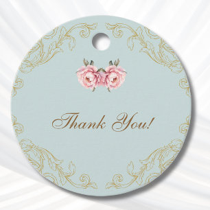 Dusty Blue Rococo Peony Baby Shower Thank You Favour Tags