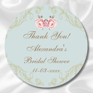 Dusty Blue Rococo Peony Bridal Shower Thank You Classic Round Sticker