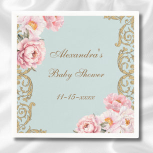 Dusty Blue Rococo Pink Floral Baby Shower Napkin