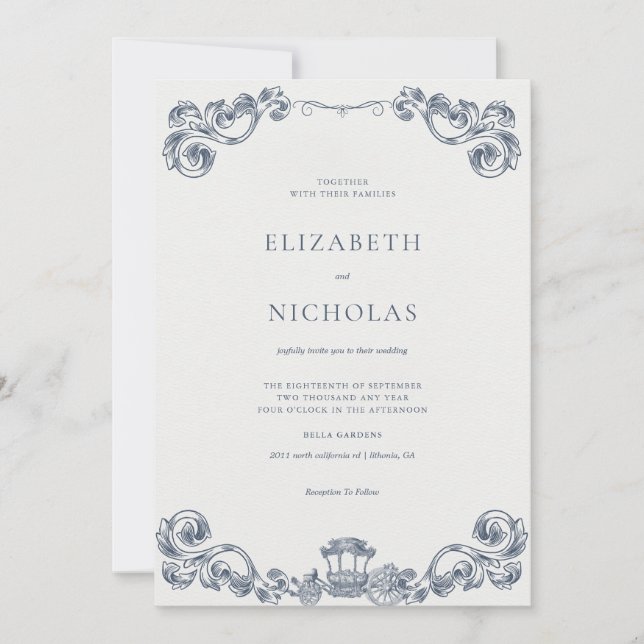 Dusty Blue Rococo Revival Wedding Invitation (Front)