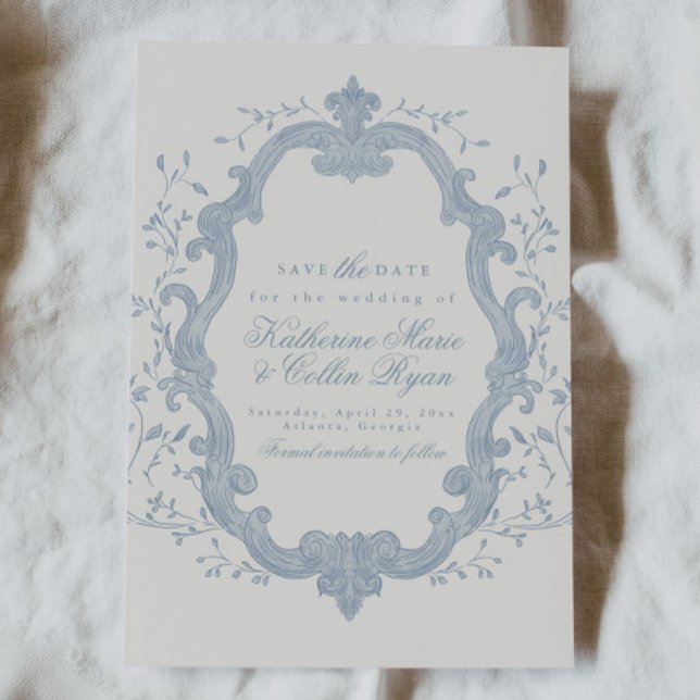 Dusty Blue Rococo Save The Date Card (Creator Uploaded)