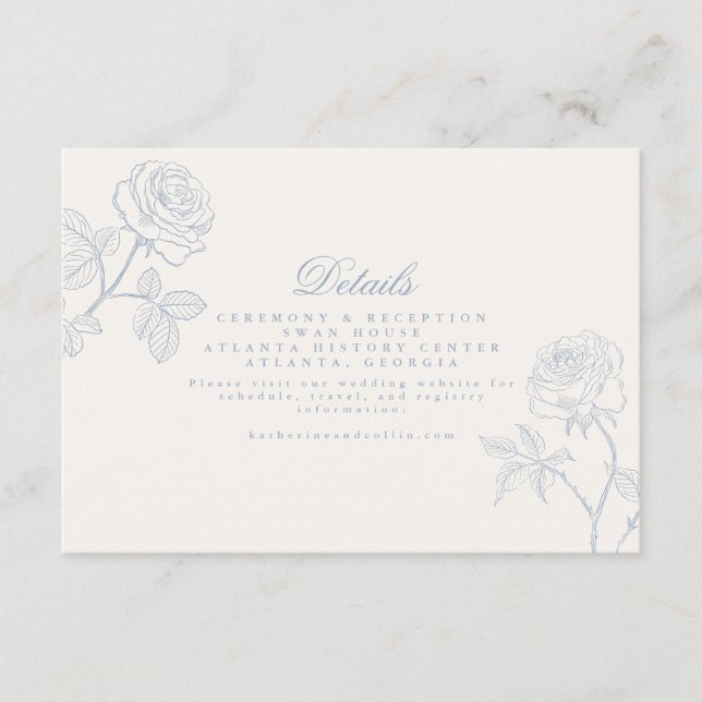 Dusty Blue Rococo Wedding Details Card (Front)