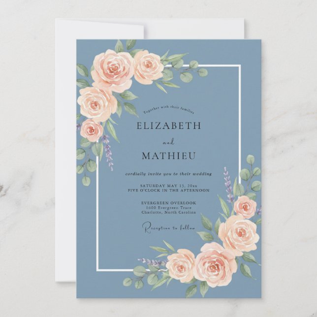 Dusty Blue Romantic Blossom Wedding Invitation (Front)